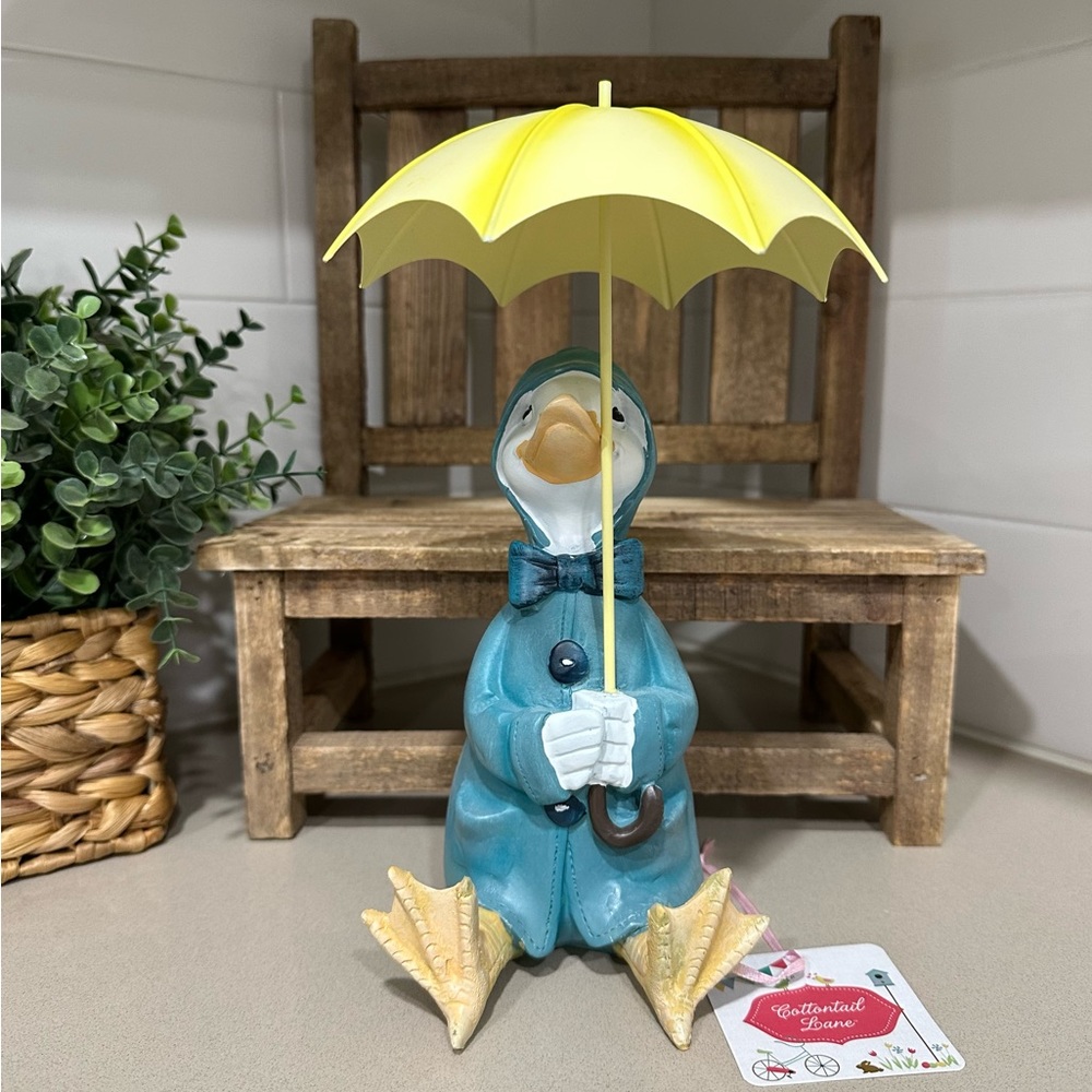 🆕 Duck Wearing Blue Raincoat & Holding Yellow Umbrella – 10” Resin Decor!